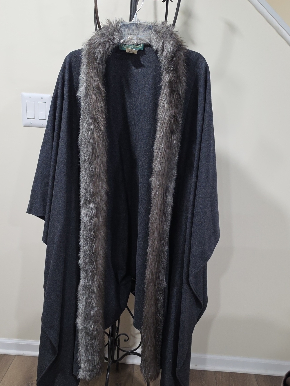 Harve Benard Charcoal Gray Faux Fur-Trim Cape